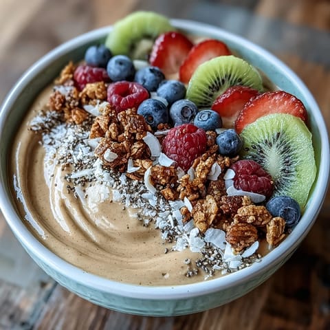 Creamy Hojicha Smoothie Bowl topped with fresh berries, kiwi, and crunchy granola for a nourishing breakfast.