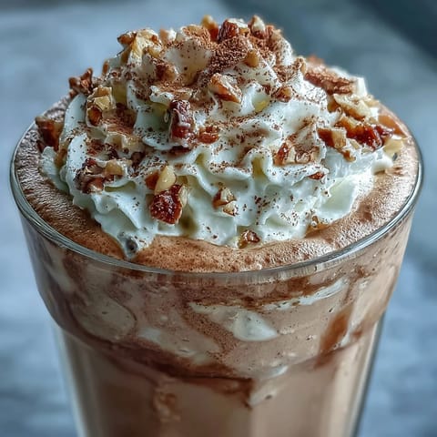 Creamy Hojicha milkshake with whipped cream and crushed nuts topped with roasted green tea powder.