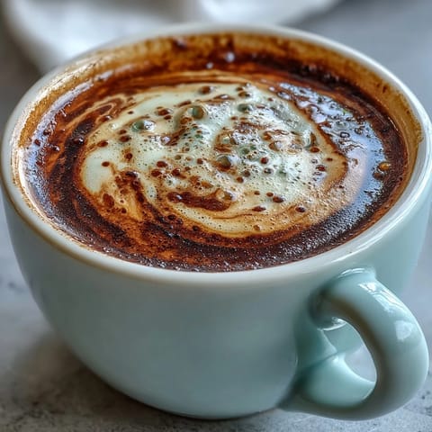 A creamy Hojicha Macchiato in a white espresso cup, the roasted green tea base topped with fluffy steamed milk foam.