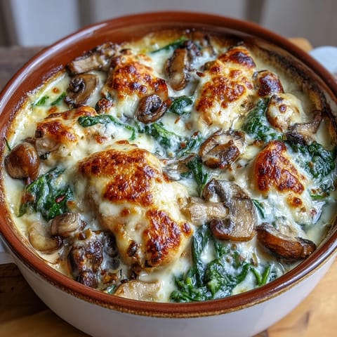 Creamy, cheesy Chicken Spinach & Mushroom Low Carb Oven Dish bubbling in a casserole dish with spinach and mushrooms.