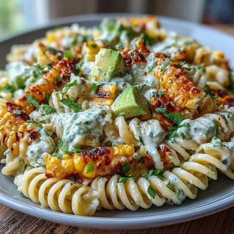 Creamy Street Corn Pasta Salad with grilled corn, spicy cheddar, and torn basil on a bed of shredded romaine, perfect for a summer picnic.