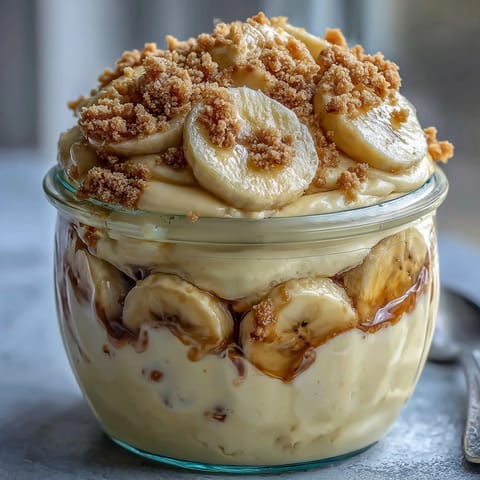 Two glass jars filled with high-protein Protein Banana Pudding, topped with extra banana slices and crumbled cookies for a healthy dessert.