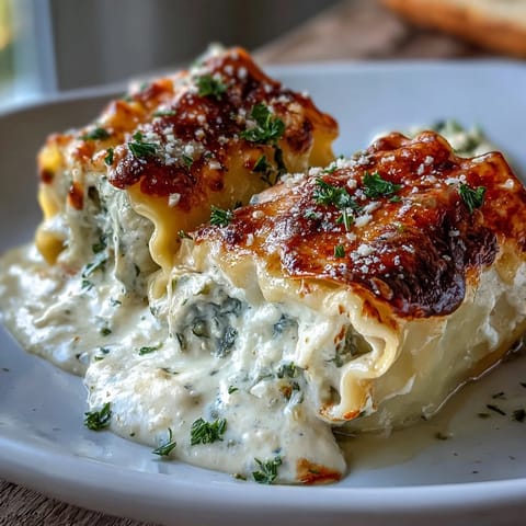 Tender rolled pasta is filled with creamy ricotta and spinach, smothered in a rich, aromatic garlic butter sauce.