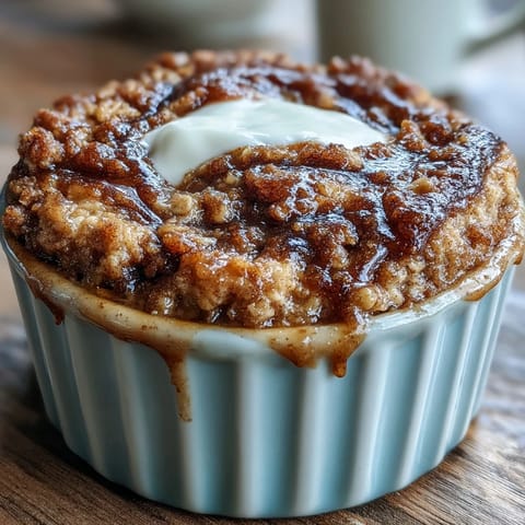 Freshly baked High-Protein Cinnamon Swirl Coffee Cake Oats in a glass dish, showcasing golden crumble topping and warm marbled layers.