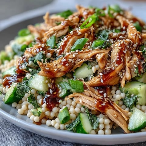 Garnished with fresh cilantro and sliced scallions, this refreshing Asian Sesame Chicken Couscous salad is ready to serve at room temperature for a quick and flavorful lunch.