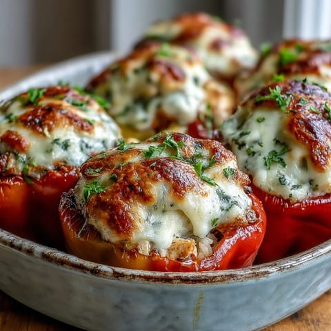 Rustic skillet shows creamy garlic Parmesan chicken filling for colorful bell pepper halves.