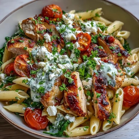 Tender slices of seasoned chicken mix with penne pasta and wilted spinach in a savory Mediterranean skillet.