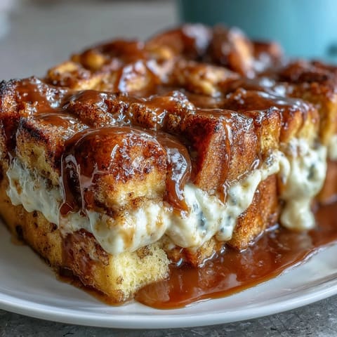 A sliced serving of Caramel Cream Cheese French Toast Casserole with creamy dollops, ready for brunch with berries.