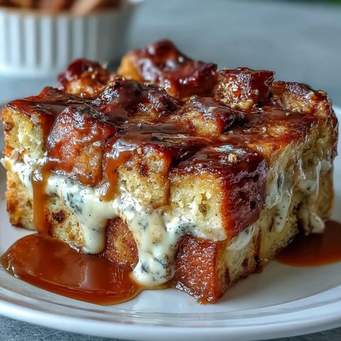 Freshly baked Caramel Cream Cheese French Toast Casserole with golden brioche, creamy filling, and a warm caramel drizzle.