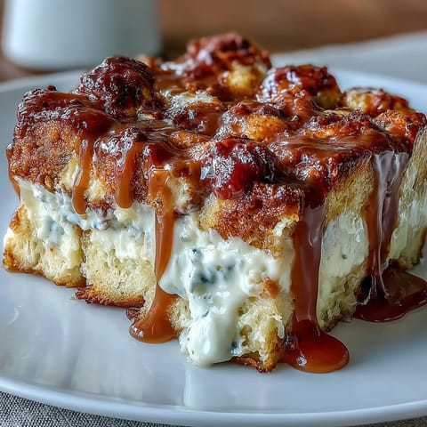 A generous slice of Caramel Cream Cheese French Toast Casserole, topped with whipped cream and a spoonful of caramel sauce.