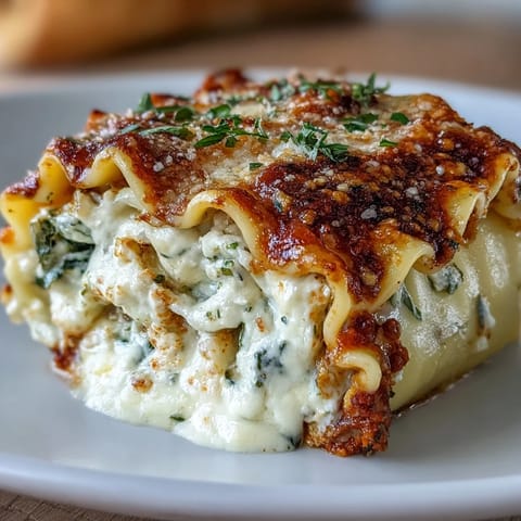 Golden-brown Garlic Butter Lasagna Roll-Ups fresh from the oven, bubbling with melted mozzarella and Parmesan over rolled pasta.