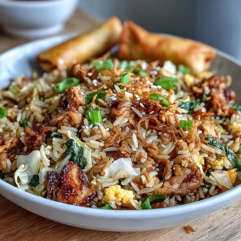 Hearty Crispy Chicken Fried Rice with Egg Roll Flavors served in a bowl, topped with green onions and sesame seeds.