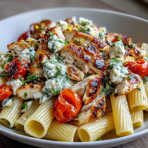 A close-up of Roasted Garlic & Feta Chicken Pasta served in a white bowl, garnished with parsley and lemon zest.