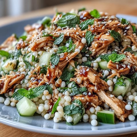 Steamed pearl couscous glistens with sesame–soy dressing in this vibrant Asian Sesame Chicken Couscous Salad, garnished with fresh herbs and lime wedges.