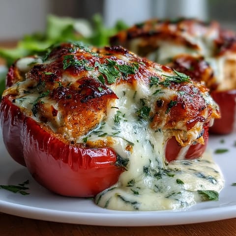 Fresh parsley garnishes these hearty Garlic Parmesan Chicken Stuffed Peppers served alongside a crisp green salad.