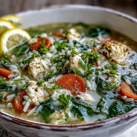 A steaming bowl of One-Pot Lemon Chicken Rice Soup with Veggies, garnished with fresh parsley and lemon slices.