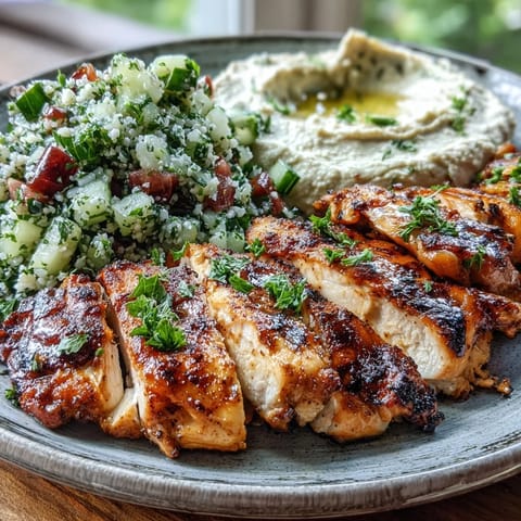 Golden Mediterranean Grilled Chicken with Hummus and Tabbouleh garnished with fresh herbs on a white ceramic plate.