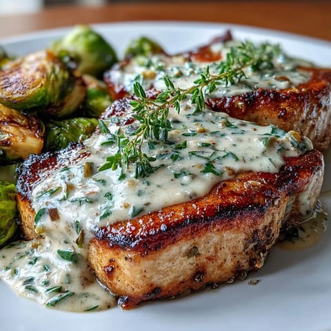 Golden-brown, juicy Keto Creamy Dijon Pork Chops resting in a velvety sauce beside crispy, oven-roasted Brussels sprouts.