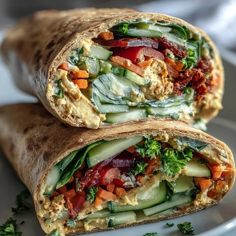 Vibrant vegan sun-dried tomato hummus veggie wraps with fresh spinach, shredded carrots, and crisp cucumber slices.