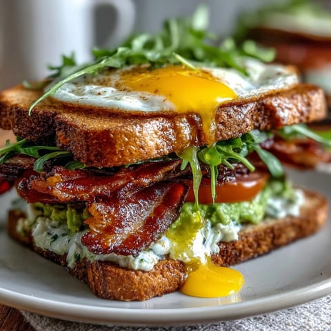 Hearty sourdough avocado BLT breakfast stack with crispy bacon, fresh tomatoes, mixed greens, and a perfectly runny egg on top.
