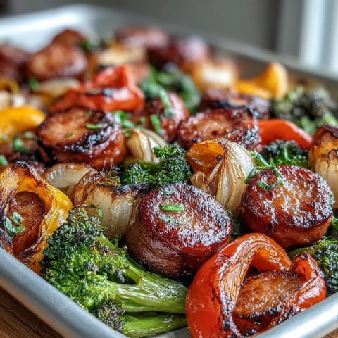 Colorful sheet pan rainbow veggie and sausage bake with vibrant peppers, zucchini, and caramelized onions roasted to perfection.  