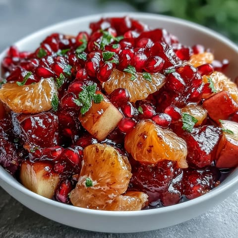 Fresh seasonal fruits tossed in a fragrant cinnamon vanilla syrup, creating a vibrant and festive holiday salad.  