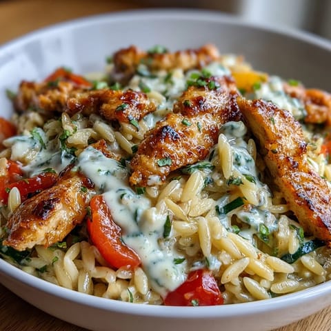 Flavorful Boursin cheese melts into tender orzo pasta with chicken strips and sautéed bell peppers in a comforting bake.  