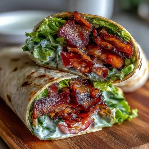 Gourmet BLT Wraps with Secret Sauce featuring crispy bacon, fresh lettuce, and marinated tomatoes wrapped in a soft tortilla.