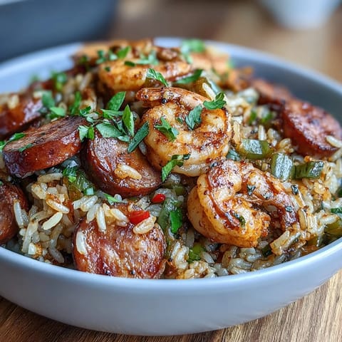 Hearty Cajun dirty rice with juicy shrimp and sausage, bursting with bold spices and savory flavors in every bite.  