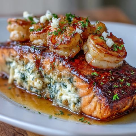 A golden-baked salmon fillet stuffed with creamy crab, shrimp, and spinach filling, topped with Cajun-spiced shrimp and fresh lemon wedges.