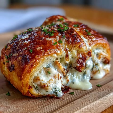 Decadent Chicken Pillows with Garlic Parmesan Sauce: golden crescent dough pillows filled with creamy chicken and cheese, baked to flaky perfection and topped with buttery garlic sauce.