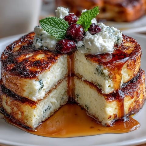 Light, gluten-free pancakes made with cottage cheese and oats, served warm with fresh berries and a honey drizzle.  