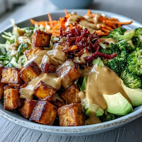Creamy Thai peanut sauce coats roasted sweet potatoes and fresh vegetables in a nourishing, colorful Buddha bowl perfect for lunch.