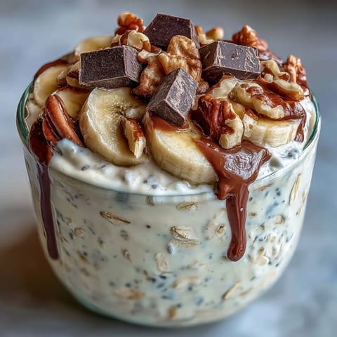 Rich dark chocolate and fresh banana slices top a jar of protein-packed overnight oats.