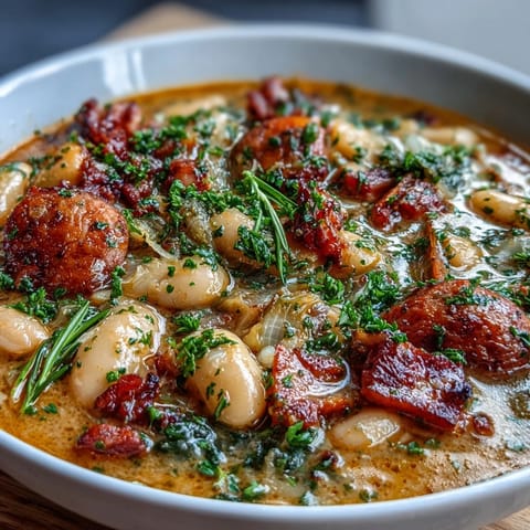 Creamy Italian ham and cannellini bean stew featuring aromatic vegetables and diced ham, perfect for cold winter nights.  