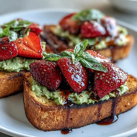 A vibrant Galentine's brunch spread featuring creamy avocado toast topped with fresh strawberries and tangy balsamic glaze.