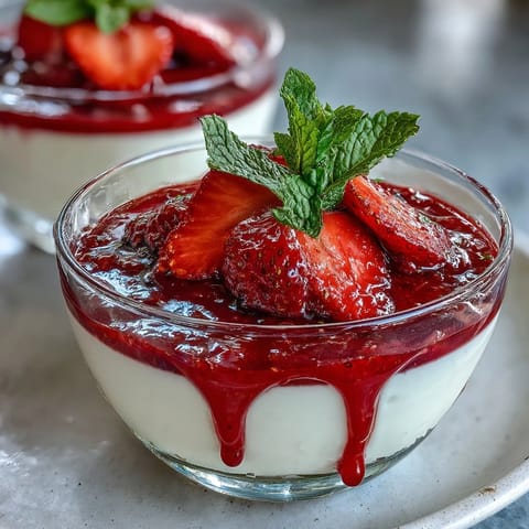 Creamy Italian panna cotta infused with vanilla, topped with fresh strawberry sauce and mint garnish.  