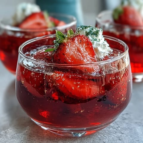 Festive Valentine's strawberry champagne jello shots in shot cups, topped with whipped cream and edible glitter for a sparkling treat.