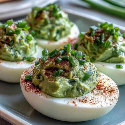 Fresh avocado deviled eggs with smooth filling and a sprinkle of smoked paprika for a healthy twist.  