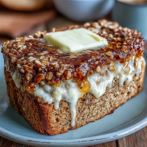 Irish brown bread loaf with honey butter spread on top, served on a rustic wooden board with oats and golden butter.