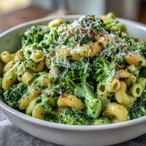 Rich, comforting green mac and cheese with spinach, broccoli, and a blend of sharp cheddar, mozzarella, and Parmesan cheeses.  