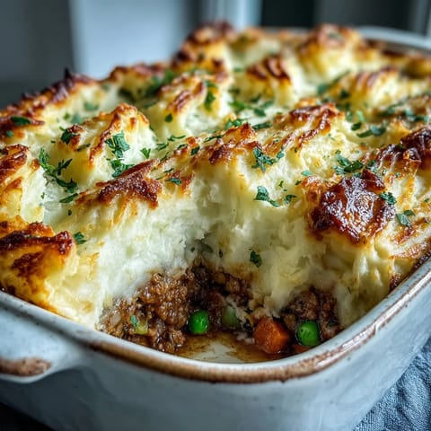 A hearty shepherds pie with savory ground meat filling and creamy cauliflower mash topping, baked until golden and bubbling.