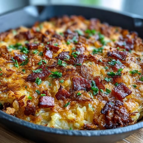Funeral Potatoes and Ham Breakfast Skillet with golden hash browns, melted cheddar, and crispy cornflake topping served hot from the oven.