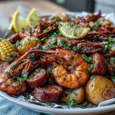 Mess-free Southern-style crawfish boil foil packets, loaded with andouille sausage and zesty Cajun seasoning.  
