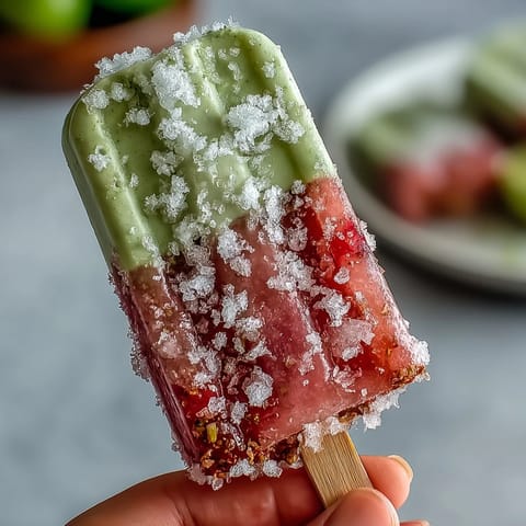 Creamy strawberry matcha latte popsicles with vibrant red and green layers, perfect for a refreshing summer treat.