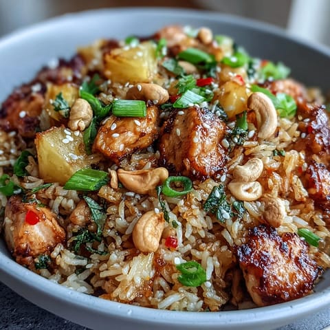 Colorful pineapple chicken fried rice with juicy pineapple chunks, tender chicken, and crunchy roasted cashews in a savory Asian-inspired dish.  