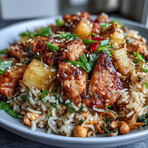 Vibrant chicken and pineapple fried rice loaded with red bell pepper, carrots, and green onions, topped with toasted cashews for crunch.  