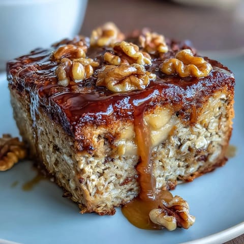 High-protein banana bread baked oats with ripe bananas, creamy oats, and crunchy walnuts baked to golden perfection.  