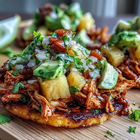 Crispy corn tostadas layered with tender shredded chicken and zesty pineapple salsa, topped with creamy avocado slices.