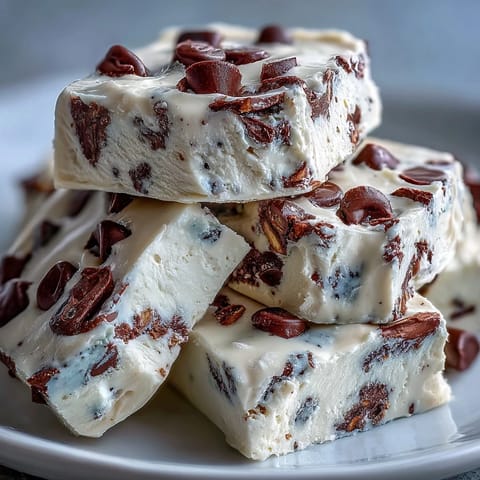 High-protein cottage cheese cookie dough Greek yogurt bark topped with chocolate chips for a creamy, no-bake treat.  